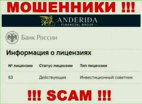 AnderidaGroup Com пишут, что имеют лицензию на осуществление деятельности от Центробанка России (инфа с сайта мошенников)