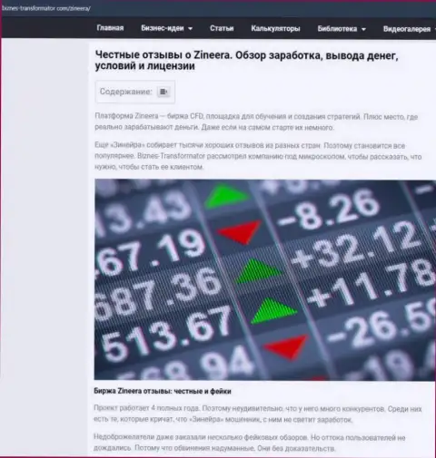 Обзор условий совершения сделок биржевой компании Zineera, выложенный на сайте Бизнес Трансофрматор Ком