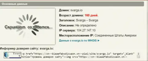 Возраст доменного имени форекс дилинговой организации Svarga IO, исходя из справочной инфы, полученной на веб-сайте довериевсети рф